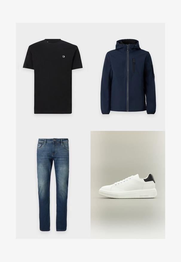 Navyblaue Softshell-Jacke mit Reißverschluss vorne, verstellbarem Kapuzenbereich, seitlichen Taschen und elastischen Bündchen. Glatte Textur mit stromlinienförmigem Design.; Schwarz Baumwoll-T-Shirt mit kurzen Ärmeln, rundem Halsausschnitt und einem kleinen weißen Logo auf der linken Brustseite. Glatte Textur, schlichtes Design.; Blaue Jeans aus Denim mit geradem Schnitt, ausgebleichtem Vorderteil, Kontrastnähten, fünf Taschen und einem Knopfverschluss.; Weißer Low-Top-Sneaker mit dicker Sohle, Schnürung vorne und schwarzer Fersenschlaufe, mit "Steve Madden" an der seitlichen Sohle gebrandet.