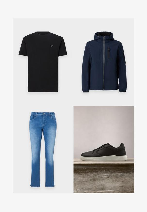 Marineblauwe softshell jacket met een rits aan de voorkant, verstelbare capuchon, zijzakken en elastische manchetten. Gladde textuur met een gestroomlijnd ontwerp.; Zwarte katoenen T-shirt met korte mouwen, ronde halslijn en een klein wit logo op de linkerkant van de borst. Glad textuur, eenvoudig ontwerp.; Blauwe denim jeans met een rechte pijp, uitgerust met vijf zakken, een ritssluiting en contrasterende stiksels. De stof heeft een gemiddelde wassing met vervaging.; Zwarte sneaker met witte zool zwevend boven een houten bank, groene loofbomen op de vervaagde achtergrond.