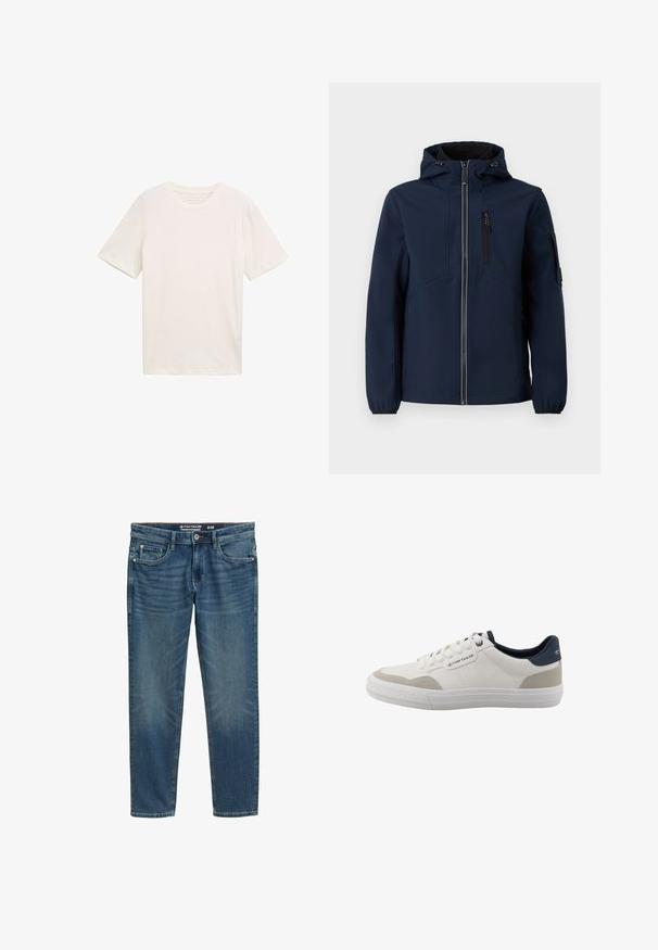 Marineblå softshell-jakke med lynlås foran, justerbar hætte, sidelommer og elastiske manchetter. Glat tekstur med strømlinet design.; Kortærmet T-shirt med rund hals i off-white bomuld. Har en afslappet pasform med glat tekstur og ingen bemærkelsesværdige mønstre eller accenter.; Blå straight-leg jeans med lommer foran og bagpå, knaplukning og let falmet look på lår og knæ. Str. 31/32.; Hvid lavtop-sneakers med beige accenter, navy hælkant, hvide snørebånd og gummisål, med Tom Tailor-logo på siden og bagpå.