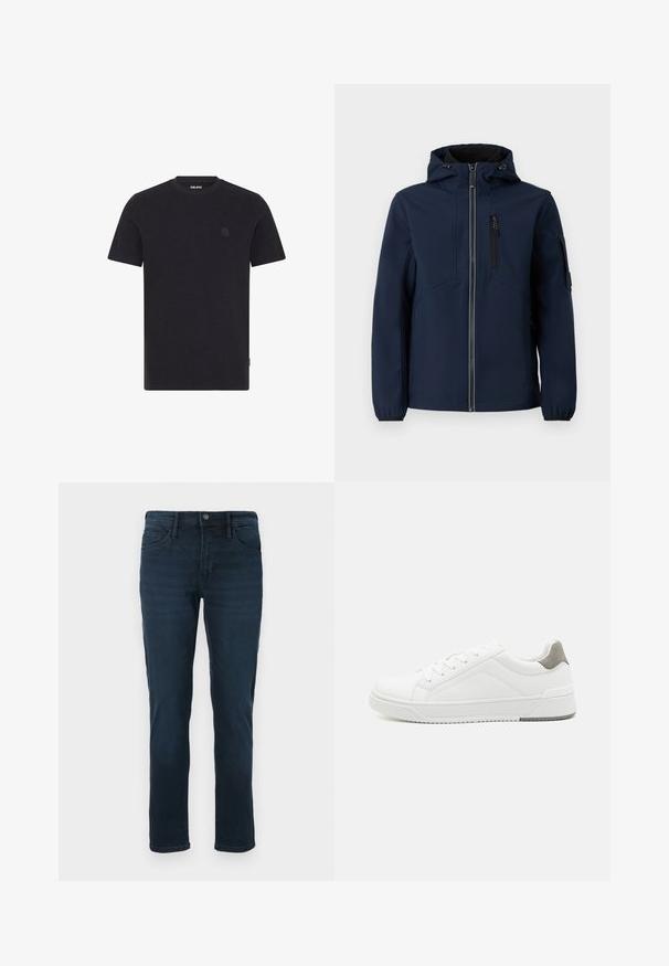 Navyblaue Softshell-Jacke mit Reißverschluss vorne, verstellbarem Kapuzenbereich, seitlichen Taschen und elastischen Bündchen. Glatte Textur mit stromlinienförmigem Design.; Marineblaues T-Shirt mit kurzen Ärmeln aus strukturiertem Stoff. Hat einen runden Halsausschnitt und ein dezentes Logo auf der Brust. Gerade geschnittenen Saum.; Dunkelblaue Denim-Jeans mit geradem Bein, fünf Taschen, einem Knopfverschluss und dezentem Verblassen an der Vorderseite.; Weißer Sneaker aus glattem Leder, runde Zehenpartie, minimalistisches Design, graue Fersenkante und strukturierte Gummisohle.