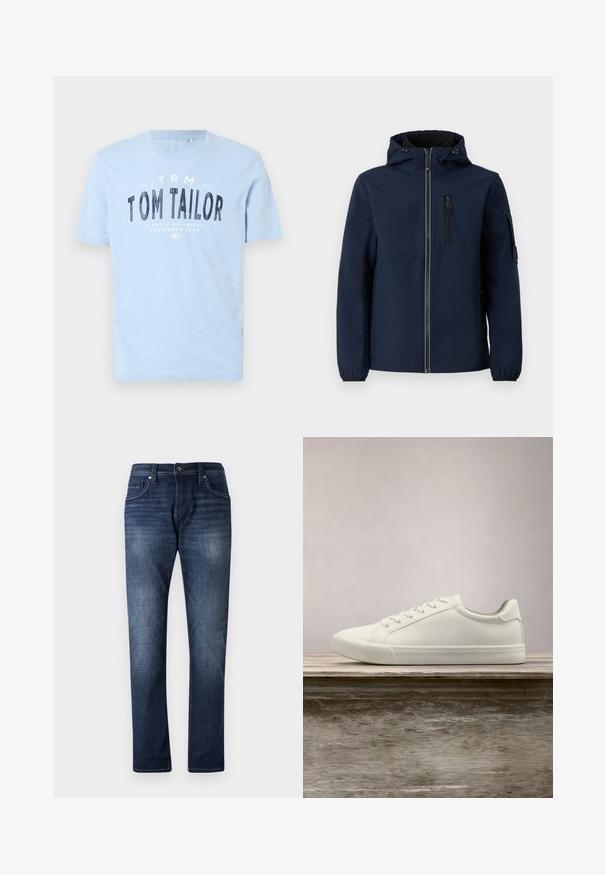 Navyblaue Softshell-Jacke mit Reißverschluss vorne, verstellbarem Kapuzenbereich, seitlichen Taschen und elastischen Bündchen. Glatte Textur mit stromlinienförmigem Design.; Hellblaues Baumwoll-T-Shirt mit rundem Ausschnitt und kurzen Ärmeln. Es hat fettgedruckten, schwarzen Text: "TOM TAILOR" und weitere Branding-Details.; Dunkelblaue Jeans aus Denim mit geradem Bein, versehen mit einer hellen Waschanlage, fünf Taschen und sichtbaren Nähten entlang der Nähte.; Weiße Schnürsneaker, die über einer Holzbank mit grünem Laub im Hintergrund schweben und das Schuhdesign sowie die Textur zeigen.