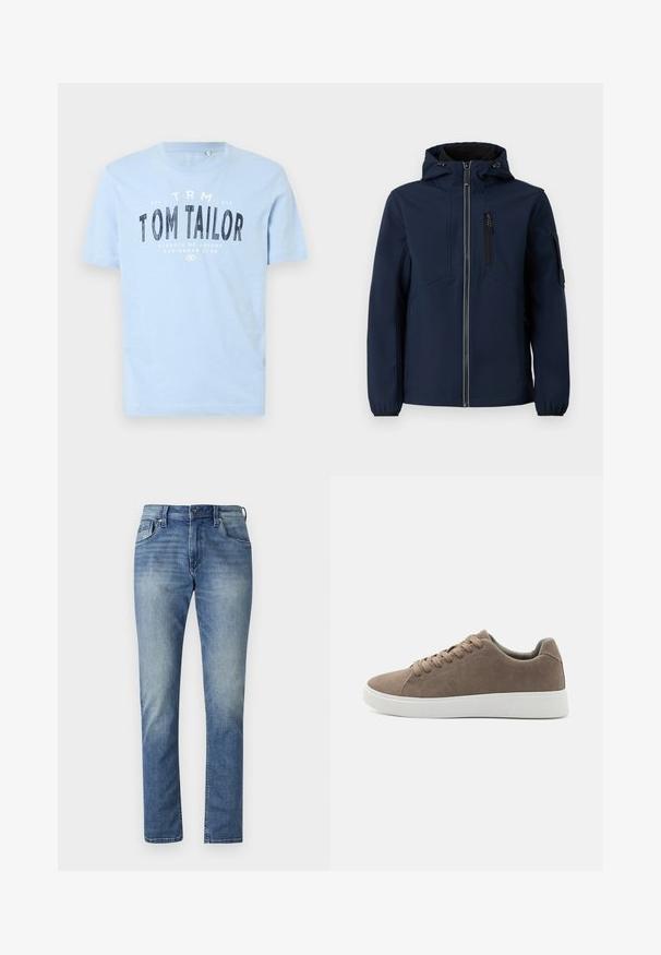 Marineblå softshell-jakke med lynlås foran, justerbar hætte, sidelommer og elastiske manchetter. Glat tekstur med strømlinet design.; Lyseblå bomulds t-shirt med rund halsudskæring og korte ærmer. Den har kraftig sort trykt tekst: "TOM TAILOR" samt yderligere brandingdetaljer.; Lyseblå denimjeans med lige pasform, fem lommer og en lysvasket finish. Har en knaplukning og bæltestropper.; Brune ruskinds sneakers med flade hvide gummisåler, snørelukning, rund tå og en glat overflade. Minimalistisk stil med diskrete syninger.