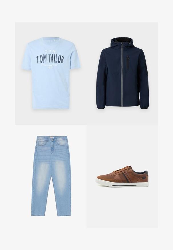 Marineblå softshell-jakke med lynlås foran, justerbar hætte, sidelommer og elastiske manchetter. Glat tekstur med strømlinet design.; Lyseblå bomulds t-shirt med rund halsudskæring og korte ærmer. Den har kraftig sort trykt tekst: "TOM TAILOR" samt yderligere brandingdetaljer.; Lyseblå denimjeans med en afslappet pasform, der har fem lommer, subtil falming og syninger langs sømmene.; Brune lædersneakers med en glat overflade, hvid gummisål, sorte accenter og dekorativ syning med sidelæg.
