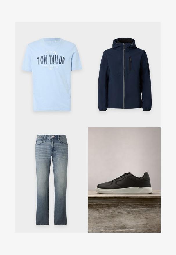 Marineblauwe softshell jacket met een rits aan de voorkant, verstelbare capuchon, zijzakken en elastische manchetten. Gladde textuur met een gestroomlijnd ontwerp.; Lichtblauwe katoen t-shirt met een ronde halslijn en korte mouwen. Het heeft vetgedrukte zwarte tekst: "TOM TAILOR" en extra merkdetails.; Licht gewassen denim jeans met een recht gesneden ontwerp, vijf traditionele zakken, metalen knoopsluiting en subtiele vervaagde details.; Zwarte sneaker met witte zool zwevend boven een houten bank, groene loofbomen op de vervaagde achtergrond.