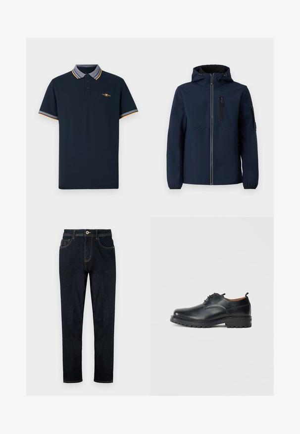 Marineblå softshell-jakke med lynlås foran, justerbar hætte, sidelommer og elastiske manchetter. Glat tekstur med strømlinet design.; Marineblå polo skjorte lavet af bomuld, med krave og grå kant, orange accenter og tre-knap lukning. 1962 logo broderet.; TOM TAILOR TTJOSH REGULAR SLIM FIT - Jeans Straight Leg - rinsed blue denim; Sorte læder derby-sko med en glat overflade, rund tå, snøre-design og en tyk, robust gummisål.