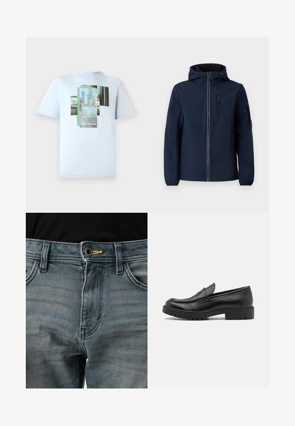 Tummansininen softshell-takki, jossa on vetoketjukiinnitys, säädettävä huppu, sivutaskut ja joustavat hihat. Suora pinta ja virtaviivainen muotoilu.; TOM TAILOR Printtipaita - light metal blue; Farkut vaaleansinistä kulutettua denimkangasta, jossa on napitus, keltainen yksityiskohta vyötäröllä ja klassinen viiden taskun muotoilu. Tekstuuri vaikuttaa pehmeältä ja kuluneelta.; Mustat nahkakengät, joissa on pyöreä varvas, kenkien helposti liukuvat mallit ja paksu kumipohja, jossa on teksturoitu pito. Korotettu kanta ja hillityt ompeluyksityiskohdat.