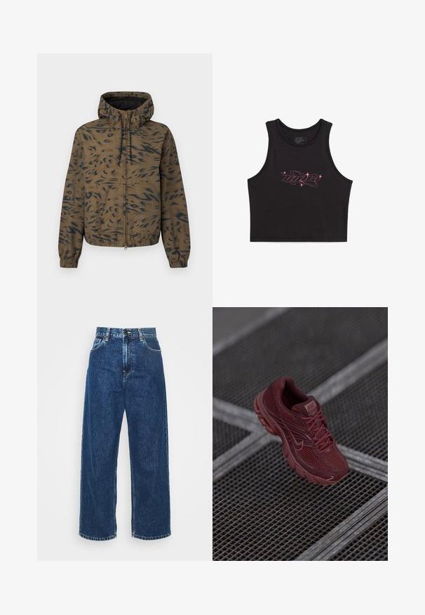 Brun hættejakke med sort abstrakt dyrprint, lynlås foran, elastiske manchetter, snøre i hætten og kengurulomme.; Sort croppet tanktop lavet af bomuld med et pink grafisk logo med stjerne-accenter foran. Glat tekstur, ærmeløs design.; Lysblå denim brede ben jeans med høj talje, synlig syning og standard lommer. Har en knap- og lynlåslukning.; Rød Nike løbesko med et mesh-overdel, tekstureret detaljering, polstret krave og tyk sål, placeret over en gitteroverflade.