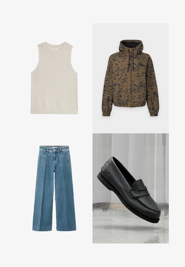 Brun hættejakke med sort abstrakt dyrprint, lynlås foran, elastiske manchetter, snøre i hætten og kengurulomme.; Lys beige ærmeløs sweater med ribbet rund hals, tekstureret stof og minimalistisk design; ingen synlige logoer eller mønstre.; Blå jeans med høj talje og vide ben, der har forlommer, bæltestropper, knap og lynlåslukning.; Sort læderloafer med syninger og logo på siden, vist svævende over en marmorgulv mod en lys gardinbaggrund.