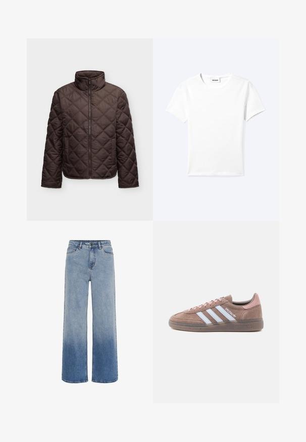 Braune gesteppte Jacke mit Stehkragen und Frontreißverschluss, mit diamantförmiger Naht und zwei Seitentaschen.; Einfaches weißes T-Shirt mit kurzen Ärmeln und Rundhalsausschnitt sowie kleinem "WEEKDAY"-Etikett im Nacken, flach auf einem hellen Hintergrund präsentiert.; Hochtaillierte blaue Jeans aus Denim mit weitem Bein und einem Farbverlauf von hellblau zu dunkelblau am Saum.; Brauner Wildleder-Sneaker mit hellrosa Akzenten, drei weißen Streifen, profilierter Sohle und rundem Zehendesign.