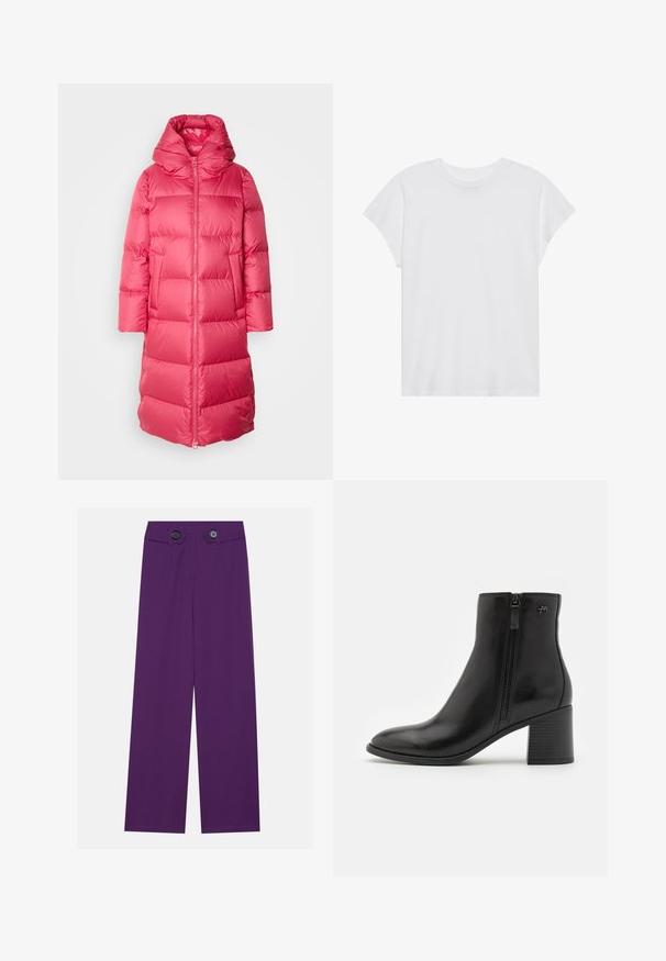 Marc O'Polo COAT FIXED HOOD WELT POCKETS SIDE SLITS BACKPACK BELTS - Dunfrakker - sundown; Hvid kortærmet t-shirt med rund hals, afslappet pasform, lavet af blødt bomuldsstof. Glat tekstur, ingen mønstre eller logoer.; Lilla vide bukser har et glat stof, to store knapdetaljer i taljen og to forlommer.; Sorte ankelstøvler lavet af glat læder med en lynlås på siden. De har en spids tå og en tekstureret blokhæl for stabilitet.
