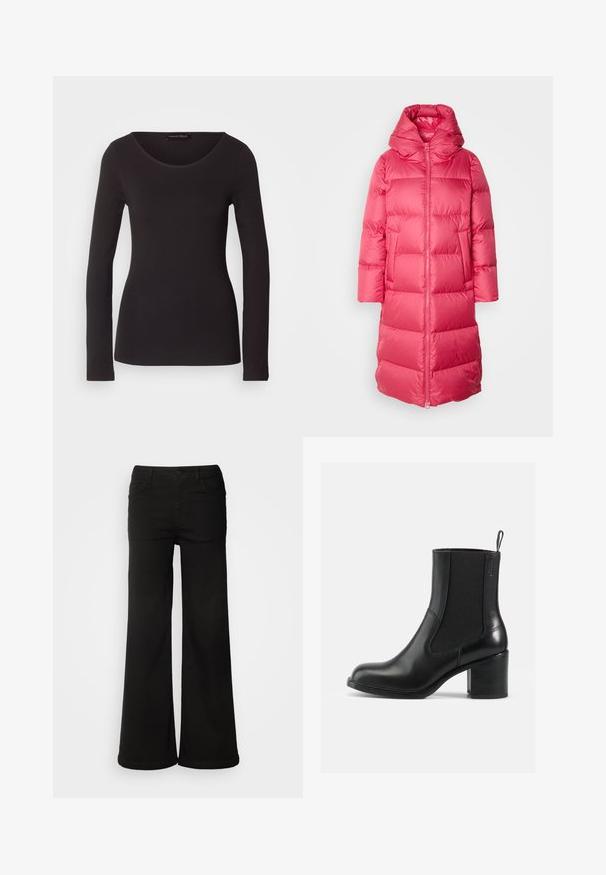 Marc O'Polo COAT FIXED HOOD WELT POCKETS SIDE SLITS BACKPACK BELTS - Donsjas - sundown; Zwarte longsleeve top gemaakt van soepele stof met een ronde hals en een aansluitende pasvorm; bevat geen patronen of accenten.; Zwarte wijde denim broek met voorzakken, een knoopsluiting en een gladde textuur met een nette afwerking.; Zwarte leren enkelboot met elastische zijkanten, ronde neus en blokhak. Gladde textuur met minimale stiknaaddetails.