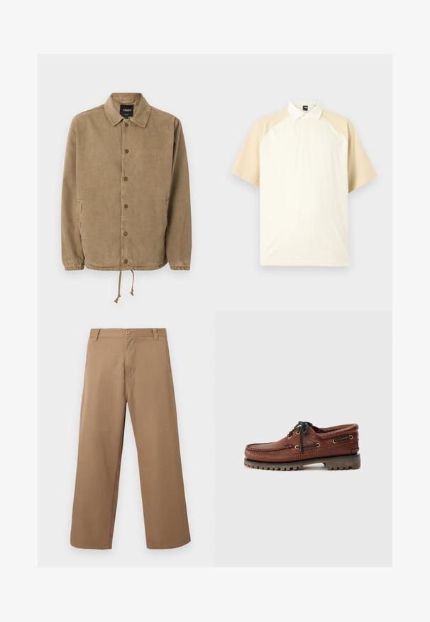 Lysebrun skjortejakke med krave, elastiske ærmeafslutninger, snøre i kanten og Vans-logo på sort inderlabel samt lille broderi på brystet.; Kortærmet polo med beige raglanærmer, cremefarvet krop og knaplukket krave på neutral grå baggrund.; Beige bukser med vide ben, bæltestropper, forreste knap og lynlås, vist mod en ensartet lys baggrund.; Brune læder bådsko med struktureret overdel, sorte snørebånd og gyldne øjer. Har en holdbar, rillede gummisål.
