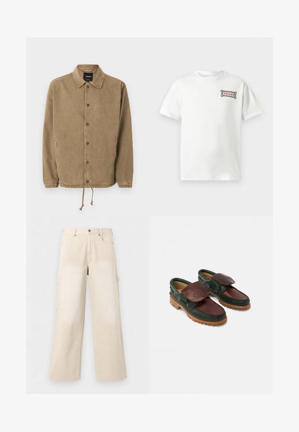 Veste boutonnée marron clair avec col, poignets élastiques, ourlet à cordon de serrage, logo Vans sur l'étiquette intérieure noire et petite broderie sur la poitrine.; T-shirt en coton blanc à manches courtes, avec un graphique rectangulaire rouge et noir affichant le logo "Volcom" sur la poitrine gauche.; Pantalon beige à jambes larges avec poches avant, fermeture par boutons et passants de ceinture, présenté sur un fond blanc uni.; Chaussures en cuir avec un corps vert foncé, un dessus bordeaux, un bout rond, un rabat sécurisé et une semelle en caoutchouc texturée avec des rainures.