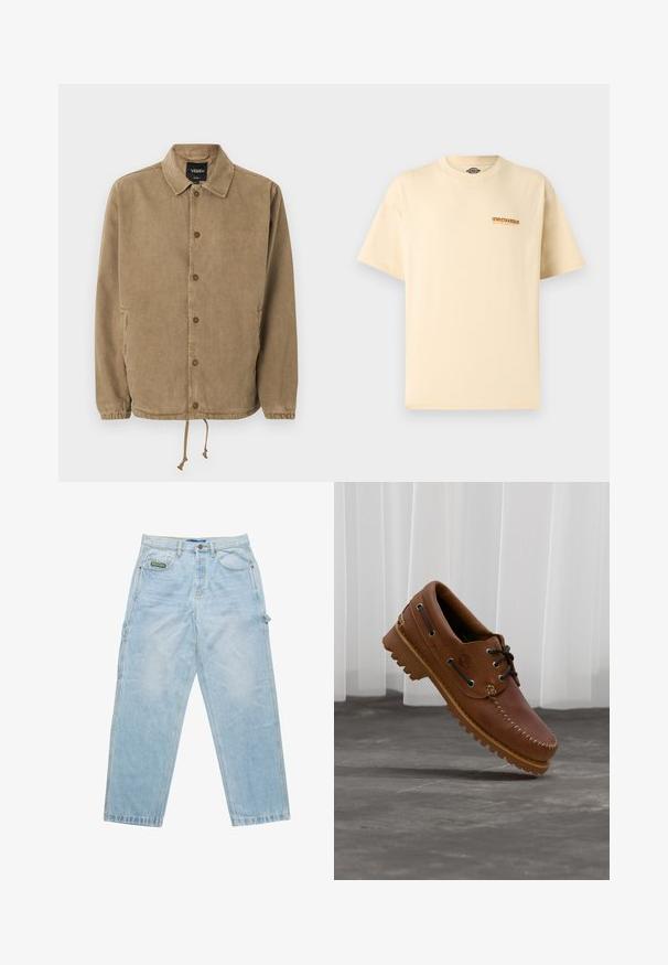 Lysebrun skjortejakke med krave, elastiske ærmeafslutninger, snøre i kanten og Vans-logo på sort inderlabel samt lille broderi på brystet.; Beige Dickies t-shirt med korte ærmer, lille orange og sort logo på venstre bryst, rund halsudskæring, enkel design.; Lysblå denim jeans med løs pasform, fem-lomme design og synlige sømme. Har et mærke på forlommen.; Brun læder bådsko med sorte snørebånd, beige syninger og en robust sål, hængende over en grå betongulv.