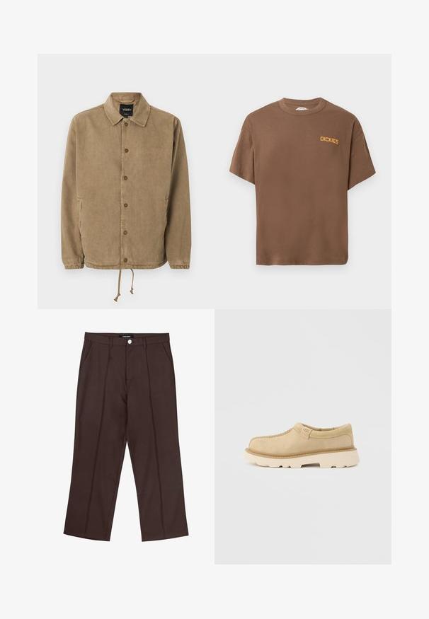 Hellbraune Jacke zum Knöpfen mit Kragen, elastischen Bündchen, Kordelzugsaum und Vans-Logo auf schwarzem Innenetikett sowie kleinem Bruststick.; Braunes T-Shirt mit kurzen Ärmeln und Rundhalsausschnitt, kleines gelbes "DICKIES"-Logo auf der linken Brust auf weißem Hintergrund.; Braune gerade geschnittene Hose mit vorderen Falten, Seitentaschen, Gürtelschlaufen und einem markierten Knopfverschluss an der Taille.; Beiger Wildleder-Slipper mit dicker weißer Sohle und UGG-Logo an der Seitenlasche, präsentiert vor einem schlichten hellgrauen Hintergrund.