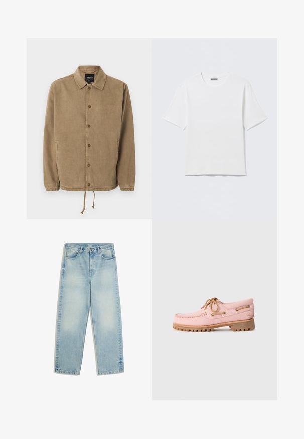 Lichtbruine jas met knopen, kraag, elastische manchetten, trekkoord aan de zoom, Vans-logo op het zwarte binnenlabel en een kleine borduring op de borst.; Effen witte T-shirt met korte mouwen en ronde hals, met een klein "WEEKDAY" label aan de binnenkant van de achterkraag, weergegeven op een vlakke ondergrond.; Lichtblauwe jeans met rechte pijpen en hoge taille, met knoop aan de voorkant, rits, ceintuurlussen en voorzakken, plat afgebeeld op een witte achtergrond.; Roze leren bootshoe met tan kleurige veters, metalen oogjes en een dikke bruine rubberen zool, zijwaarts weergegeven op een witte achtergrond.
