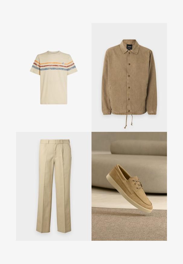 Lysebrun skjortejakke med krave, elastiske ærmeafslutninger, snøre i kanten og Vans-logo på sort inderlabel samt lille broderi på brystet.; Cremefarvet bomulds t-shirt med horisontale striber i orange, rød og blå. Korte ærmer, rund halsudskæring og lille logo-detail på brystet.; Beige bukser med lige ben, bæltestropper, forreste læg og sidelommer på en ensfarvet baggrund.; Lysebrun ruskinds-casual snøresko svæver over et beige tæppe med en matchende beige sofa sløret i baggrunden.