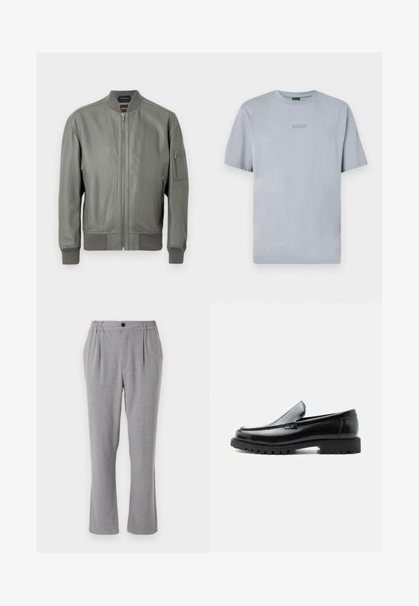 Chaqueta bomber de cuero verde oscuro con cremallera frontal, puños y cuello acanalados. Cuenta con bolsillos laterales y un bolsillo en la manga con cremallera.; Camiseta de color azul claro, de manga corta, hecha de una tela suave con un escote redondo. Presenta un logo bordado de "BOSS" en el pecho.; Pantalones grises con tejido texturizado, con cierre de botón y cintura elástica. Diseño de pierna recta con pliegues laterales.; Mocasín de cuero negro con suela de goma gruesa, empeine cosido y nombre de la marca en relieve en el talón, mostrado en perfil lateral sobre fondo blanco.