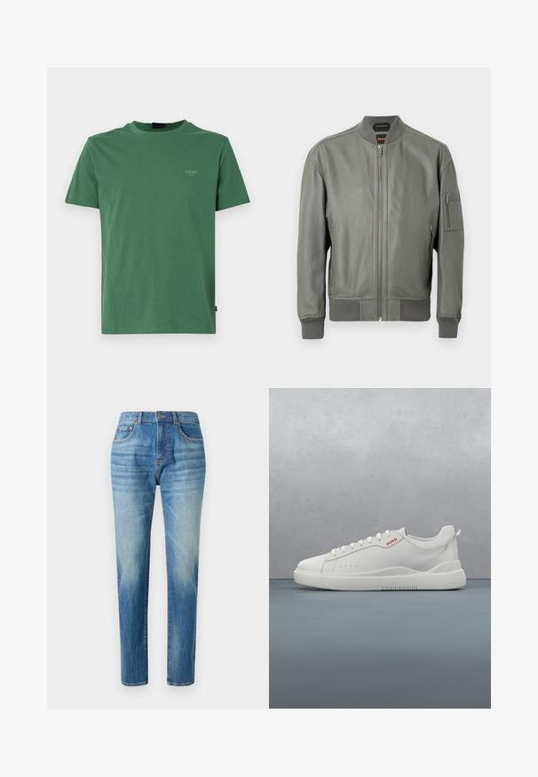 Blouson aviateur en cuir vert foncé avec fermeture éclair à l'avant, poignets et col côtelés. Comprend des poches latérales et une poche sur le bras avec fermeture éclair.; T-shirt en coton vert avec un col rond, des manches courtes et un petit logo doré sur la poitrine gauche. Texture douce, coupe régulière.; Jean en denim bleu clair, coupe droite, avec taille haute, décoloration subtile et style classique à cinq poches. Fermeture à bouton en métal.; Sneaker blanche avec une finition en cuir lisse, bout rond, quatre œillets, perforations subtiles et un détail de logo rouge sur le côté.