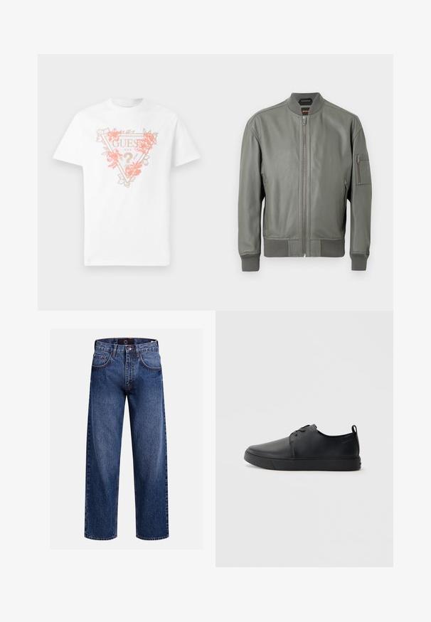 Blouson aviateur en cuir vert foncé avec fermeture éclair à l'avant, poignets et col côtelés. Comprend des poches latérales et une poche sur le bras avec fermeture éclair.; T-shirt en coton blanc avec un logo en forme de triangle orné de fleurs en corail et or. Manches courtes et col rond.; Jeans en denim à jambes larges bleu foncé, avec braguette zippée, cinq poches et surpiqûres contrastantes pour un détail et une texture supplémentaires.; Baskets en cuir noir avec une finition lisse, bout arrondi, coutures ton sur ton, devant à lacets et semelle plate en caoutchouc. Anse au talon.