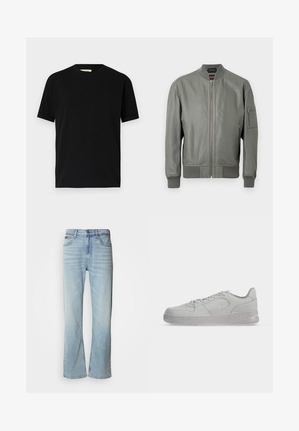 Blouson aviateur en cuir vert foncé avec fermeture éclair à l'avant, poignets et col côtelés. Comprend des poches latérales et une poche sur le bras avec fermeture éclair.; T-shirt noir à manches courtes en coton avec un col rond et une coupe ample. Texture lisse, sans motifs ni logos visibles.; Jeans en denim bleu clair avec une coupe droite, dotés de cinq poches, d'une fermeture à bouton et d'une légère décoloration sur le tissu.; Baskets basses blanches Lacoste avec lacets, logo embossé sur le côté et semelle texturée sur fond uni.