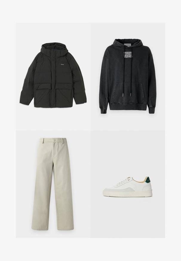 Sort pufferjakke med hætte. Har lynlåslukning foran, to store frontlommer og en glat, quiltet tekstur. Logo på brystet.; Iceberg Hættetrøje - nero; Han Kjøbenhavn WIDE LEG - Bukser - light grey; Hvide sneakers med ruskindsdetaljer, rund tå, flade snørebånd og en cremet gummisål. Har grøn branding på hælen.