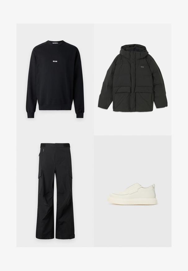 Veste matelassée noire avec capuche. Dispose d'une fermeture éclair à l'avant, de deux grandes poches avant et d'une texture lisse et matelassée. Logo sur la poitrine.; Sweatshirt noir en coton mélangé, avec un col rond, des manches longues, des poignets côtelés et un logo MSGM blanc sur la poitrine.; Pantalons cargo noirs en tissu lisse et résistant à l'eau. Dotés de jambes larges, de multiples poches latérales et d'une taille plate avec un branding subtil.; Sneaker sans lacets en matériau texturé blanc cassé avec une semelle épaisse et rainurée. Présente des coutures minimales et un accent bleu clair subtil.