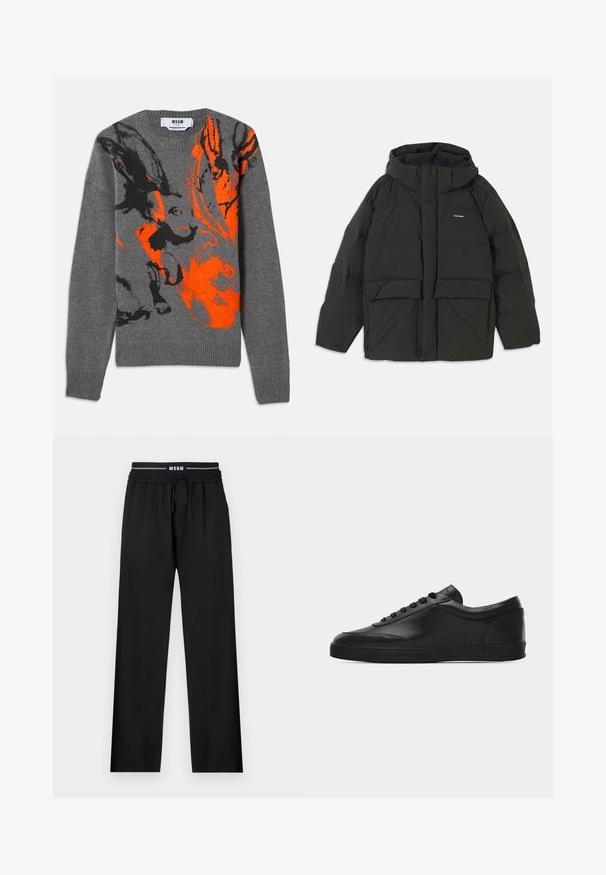 Sort pufferjakke med hætte. Har lynlåslukning foran, to store frontlommer og en glat, quiltet tekstur. Logo på brystet.; Grå strikket sweater med et kontrasterende orange og sort abstrakt design. Rund hals og ribbede manchetter og kant. Blød tekstur.; Sorte bukser med en afslappet pasform, elastisk talje, justerbar snøre og sidelommer. Fremstillet af glat stof uden mønstre.; Sort lavtstående lædersneaker med snørebånd foran og flad gummisål, vist fra siden på en ensartet hvid baggrund.