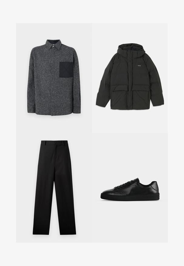 Schwarze Pufferjacke mit Kapuze. Verfügt über einen Reißverschluss vorne, zwei große Fronttaschen und eine glatte, gesteppten Textur. Logo auf der Brust.; Iceberg Hemd - fantasia mix di grigi; Schwarze Baumwollhosen mit geradem Bein, ausgestattet mit einem vorderen Knopfverschluss und Seiten Taschen. Glatte Textur, keine Muster.; Niedrig geschnittener schwarzer Ledersneaker mit Schnürung vorne und strukturierter flacher Sohle, seitlich auf neutralem Hintergrund gezeigt.