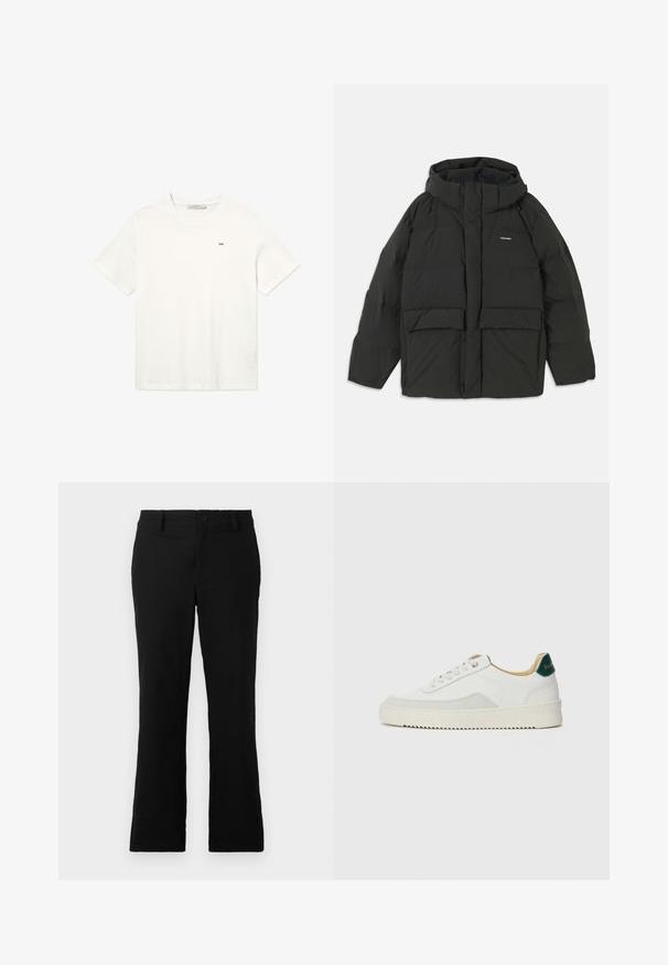 Sort pufferjakke med hætte. Har lynlåslukning foran, to store frontlommer og en glat, quiltet tekstur. Logo på brystet.; Hvid bomulds T-shirt med korte ærmer, rund halsudskæring og et lille sort logo på brystet. Simpelt, uudsmykket design.; Sorte flagrende bukser lavet af en blanding af bomuldsstof, med knaplukning, bælteløkker og en glat tekstur uden synlige mønstre.; Hvide sneakers med ruskindsdetaljer, rund tå, flade snørebånd og en cremet gummisål. Har grøn branding på hælen.
