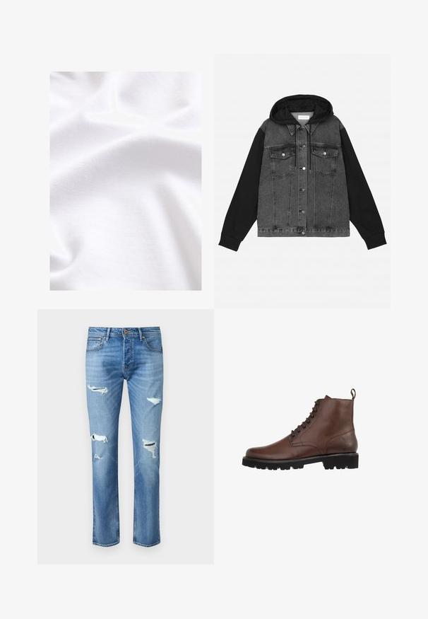 Pier One Chaqueta vaquera - washed black charcoal sleeves; Tela de algodón blanca con una textura suave, que presenta pliegues y arrugas sutiles, destacando su naturaleza suave y ligera.; Jeans de mezclilla azul claro con un diseño de pierna recta, que presentan múltiples áreas desgastadas y detalles deshilachados en las rodillas. Acentos en cobre.; Botín de cuero marrón hasta el tobillo con punta redondeada, cordones en la parte delantera y tirador. La suela es resistente con surcos pronunciados para una mejor tracción.