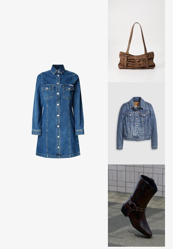 Jeansjacke in mittlerem Blau mit klassischem Kragen, Knopfleiste, zwei Brusttaschen und goldfarbenen Beschlägen. Mit Used-Effekt.; Denimhemdkleid, lange Ärmel, durchgehende Knopfleiste, zwei Brusttaschen, klassischer Kragen, mittelblaue Farbe und leichte Steppdetails.; Dunkelbrauner Leder-Stiefel bis zum Knöchel mit silbernen Nieten und Riemendetail, präsentiert vor einem Hintergrund aus gefliester Wand und Betonboden.; Even&Odd Handtasche - brown