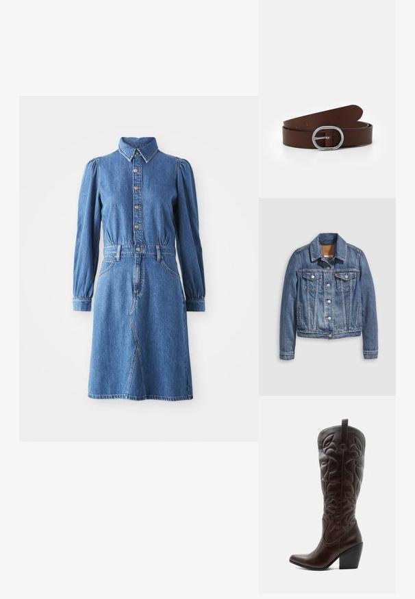 Denimjakke i mellemblå med klassisk krave, knaplukning foran, to brystlommer og guldfarvet hardware. Slidt teksturdetalje.; Denim kjole med knaplukning foran, krave og lange puffærmer. Har en tætsiddende talje, to sidelommer og en klokkeformet nederdel.; Høj mørkebrun læder cowboystøvle med syede dekorative mønstre, spids tå og stablet blokhæle.; Brun læderbælte med en metallisk cirkulær spænde, glat tekstur, en række huller til justering og minimalistisk design.