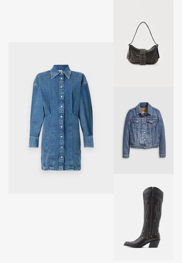 Spijkerjack in mediumblauw met een klassieke kraag, knopen aan de voorkant, twee borstzakken en goudkleurige accenten. Verweerde textuurdetails.; Denim shirt jurk, lichtblauw, lange mouwen, knoopsluiting aan de voorkant, puntige kraag, zijnaad met lichte rimpeling en gestikte details.; Bruine leren cowboylaarzen met vlamstiksels, zijrits, zilveren studs, spits toelopende neus en gestapelde hak.; Zwarte leren schoudertas met gespsluiting aan de riem, afgeronde hoeken en contrasterende witte stiksels op een effen achtergrond.