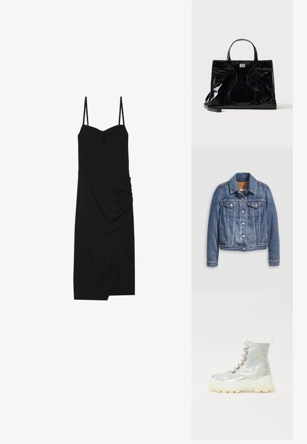 Jeansjacke in mittlerem Blau mit klassischem Kragen, Knopfleiste, zwei Brusttaschen und goldfarbenen Beschlägen. Mit Used-Effekt.; Schwarzes geripptes Kleid mit dünnen verstellbaren Trägern, einem herzförmigen Ausschnitt, seitlichen Raffungselementen und einem asymmetrischen Saum. Hergestellt aus elastischem Stoff.; Silberne Glitzer-Stiefeletten mit einer klobigen weißen Sohle, ausgestattet mit runden Schnürsenkeln und einer Schlaufe hinten. Glatte, reflektierende Oberflächenstruktur.; Schwarze glänzende Ledertasche mit kurzen Griffen, abnehmbarem Schulterriemen und dezenten, geschwungenen Steppnähten vorne.