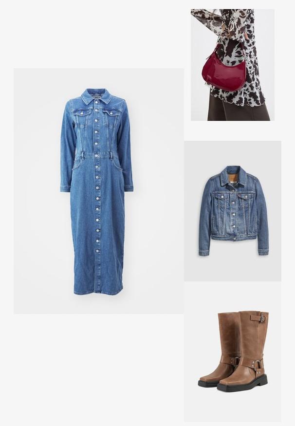 Denimjakke i mellemblå med klassisk krave, knaplukning foran, to brystlommer og guldfarvet hardware. Slidt teksturdetalje.; Denimkjole med knaplukning foran, lange ærmer, brystlommer og en tætsiddende talje, i en medium blå vask med en lige silhuet.; Par brune læderstøvler til midt på leggen med sorte chunky såler, sidestropper med metal spænder og nitter samt firkantede tåkasser.; Kvinde iført en sort- og hvidmønstret bluse, der holder en blank rød skuldertaske mod en ensfarvet baggrund.