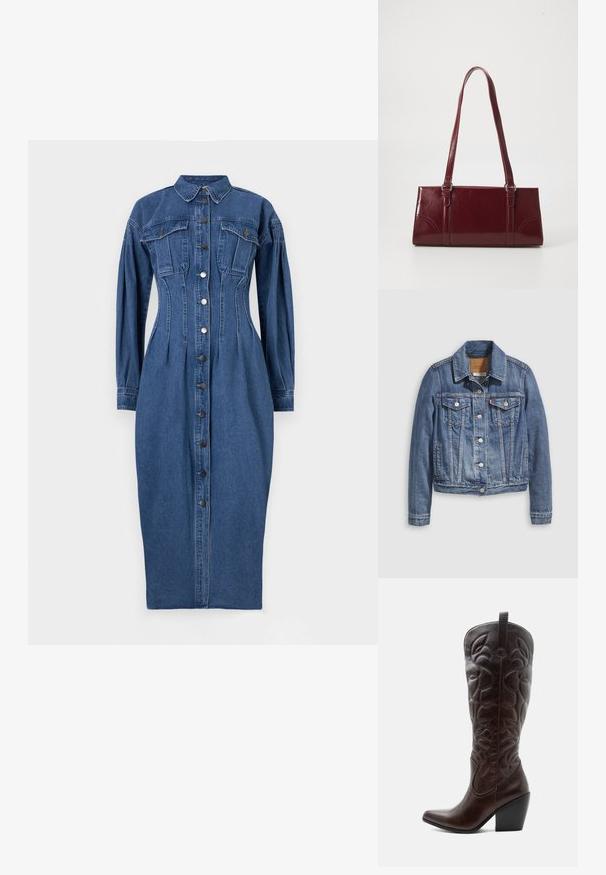 Keskmise sinise teksajakk klassikalise kraega, ees nööpidega, kahe rinnatasku ja kuldse tooniga riistvaraga. Kulunud tekstuuriga detail.; Denimkleit nupudega ning pika varrukaga, kaks rinnataskut ja struktureeritud siluett keskmise sinise pesuga.; Kõrge tumepruun nahast kauboi saabas, millel on õmmeldud dekoratiivsed mustrid, terava varbaosaga ja kuhjatud plokk-kontsaga.; Burgundia värvi käekott, mis on valmistatud läikivast materjalist, ristküliku kujuline, kahe õlapaelaga ning ees on peened kaarjad aktsendid.