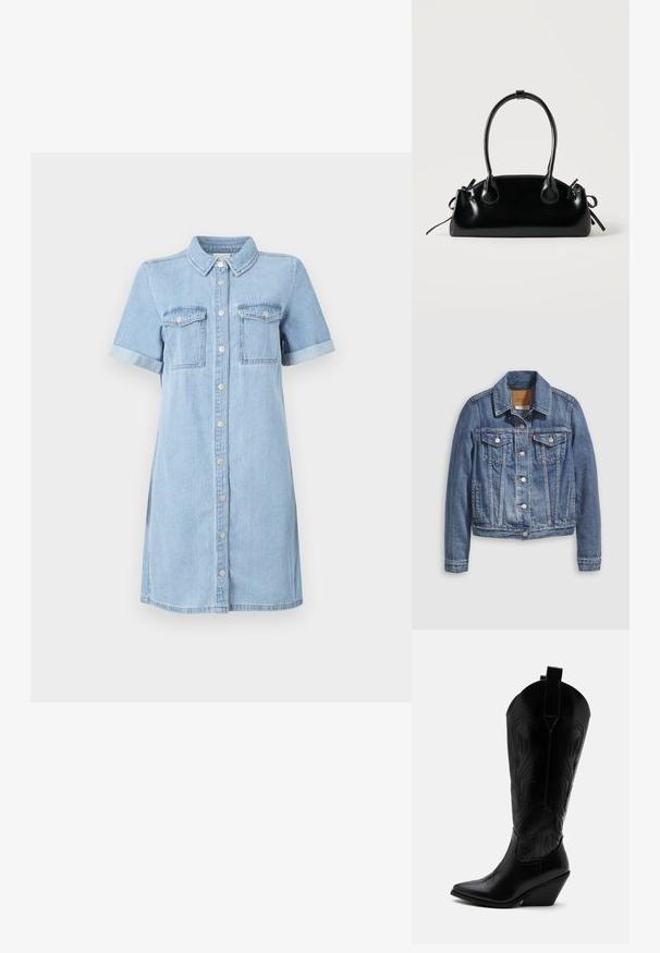 Jeansjacke in mittlerem Blau mit klassischem Kragen, Knopfleiste, zwei Brusttaschen und goldfarbenen Beschlägen. Mit Used-Effekt.; Helles blaues Denimkleid mit kurzen Ärmeln, Knopfleiste, zwei Brusttaschen und umgeschlagenen Ärmeln. Glatte Textur und geradliniger Schnitt.; Schwarzer Leder-Cowboystiefel mit spitzer Zehe, schrägem Blockabsatz, dekorativer Naht und Zuglaschen oben vor weißem Hintergrund.; Kleine schwarze glänzende Handtasche mit zwei langen Griffen und seitlichen Kordelzug-Details vor einfachem hellem Hintergrund.