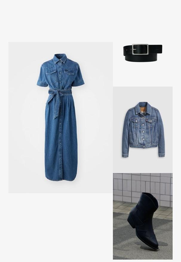 Jeansjacke in mittlerem Blau mit klassischem Kragen, Knopfleiste, zwei Brusttaschen und goldfarbenen Beschlägen. Mit Used-Effekt.; Jeanshemdkleid in Blau, mit kurzen Ärmeln, zwei Brusttaschen, einem gegürteten Bund und einer durchgehenden Knopfleiste.; Schwarzer Lederknöchelstiefel mit niedrigem Absatz, dekorativen Nähten und spitzer Spitze, aufrecht auf einer gepflasterten Fläche neben einer gefliesten Wand positioniert.; Schwarzer Ledergürtel mit silberner rechteckiger Schnalle und mehreren Verstelllöchern, flach auf weißem Hintergrund liegend.