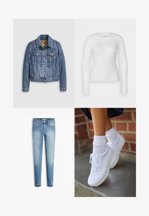 Denimjakke i mellemblå med klassisk krave, knaplukning foran, to brystlommer og guldfarvet hardware. Slidt teksturdetalje.; Hvid langærmet ribbet top med en rund halsudskæring. Stoffet er glat og har en subtil tekstur samt en tætsiddende design. Ingen synlige detaljer eller mønstre.; Lyseblå denim jeans med slim fit, fem-lommes design, kontrastsyet og let slidte kanter ved anklerne.; Hvide lærreds sneakers med gummisåler, der har seks snørehuller, rund tå og let sømdetaljer, krydret med hvide ankelstrømper.
