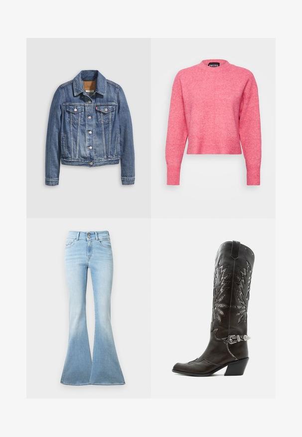 Denimjakke i mellemblå med klassisk krave, knaplukning foran, to brystlommer og guldfarvet hardware. Slidt teksturdetalje.; Rosa cropped sweater med rund hals, lange ærmer, ribbede manchetter og kant. Afslutningen har en let tekstureret finish. Mærket er synligt.; Lyseblå flagrende jeans lavet af denim. Har høj talje med to knapper og let blegning mod kanten. Klassisk fem-lomme design.; Sort læder cowboystøvle med dekorative udskæringer, sølvspænde og skrå hæl, vist på hvid baggrund.