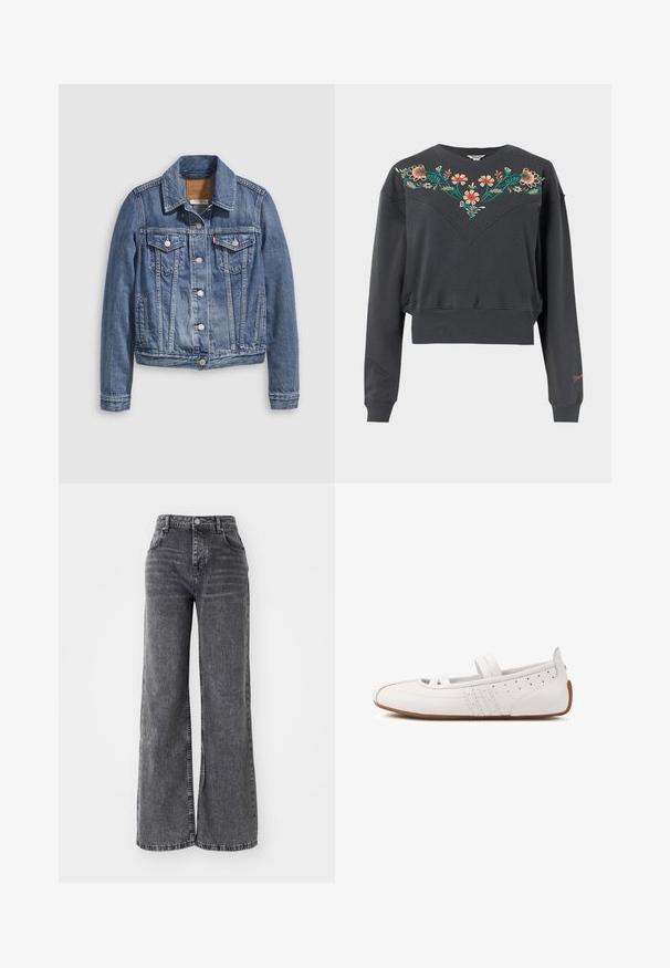 Denimjakke i mellemblå med klassisk krave, knaplukning foran, to brystlommer og guldfarvet hardware. Slidt teksturdetalje.; Mørkegrå langærmet cropped sweatshirt med ribstrikkede manchetter og kant, med farverig blomsterbroderi over bryst og skuldre.; Bredde ben grå denim bukser med høj talje, der har traditionel fem-lomme styling og en subtil falmet finish.; Hvid læderflad sko med to elastiske stropper, perforerede detaljer og brun gummisål, vist fra siden på en hvid baggrund.