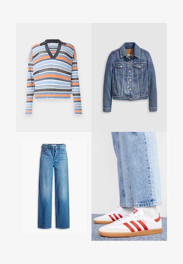 Veste en denim bleu moyen avec un col classique, fermeture à boutons, deux poches poitrine et des accessoires de couleur dorée. Détail de texture usée.; Pull-over rayé avec un col en V. Les couleurs incluent le bleu, l'orange, le noir et le blanc. Tissu à côtes texturé. Design cropped.; Jeans en denim bleu à taille haute, design à jambes larges et style à cinq poches. Présente un zip à bouton et une finition délavée.; Baskets en cuir blanc avec des rayures et des accents rouges. Dotées d'une semelle extérieure en gomme texturée et d'un col rembourré. Portées avec un jean en denim bleu clair.