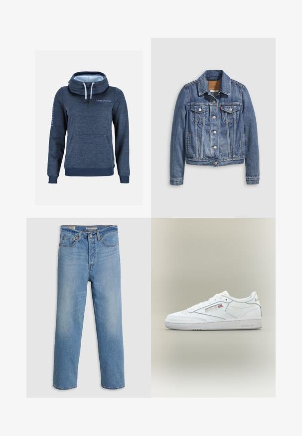 Denimjakke i mellemblå med klassisk krave, knaplukning foran, to brystlommer og guldfarvet hardware. Slidt teksturdetalje.; Mørkeblå hættetrøje med lange ærmer, kængurulomme, høj snørehals og "SWEDEMOUNT" logo på bryst og ærme, ensfarvet baggrund.; Lysblå lige ben denimbukser med forlommer, bæltestropper og en knaplukning på en ensfarvet baggrund.; Hvid Reebok low-top sneaker med syningsdetaljer, perforeringer nær tæerne og Reebok-logo med et lille Union Jack på siden.