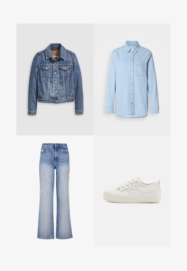Jeansjacke in mittlerem Blau mit klassischem Kragen, Knopfleiste, zwei Brusttaschen und goldfarbenen Beschlägen. Mit Used-Effekt.; Himmelblaues Denim-Hemd mit Knopfverschluss, spitzem Kragen, einer Brusttasche und langen Ärmeln mit knöpfbaren Manschetten.; Hellblaue Denim-Weite-Bein-Jeans mit hoher Taille, Knopfverschluss, subtilen Verwaschungen und klassischem Fünf-Taschen-Design.; Weiße Segeltuchturnschuhe mit einer strukturierten Gummisohle, runder Zehenpartie und Schnürdesign, das drei seitliche Streifen aufweist.