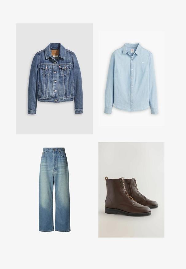 Denimjakke i mellemblå med klassisk krave, knaplukning foran, to brystlommer og guldfarvet hardware. Slidt teksturdetalje.; Lyseblå skjorte med knapper lavet af blødt denimstof. Har en klassisk krave og lange ærmer, med et lille logo på brystet.; Vidbenede jeans i lyseblå denim. Har en høj talje, to forlommer, subtil falmning på lårene og en lige kant.; Brune læderankelstøvler med en rund tå, snøring og en sidelukning, der har et syet design og en lav sort gummisål.
