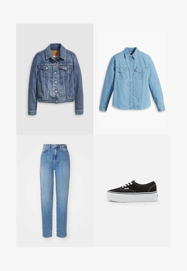 Veste en denim bleu moyen avec un col classique, fermeture à boutons, deux poches poitrine et des accessoires de couleur dorée. Détail de texture usée.; Chemise en denim bleu clair à manches longues, col pointu, deux poches poitrine, patte de boutonnage et texture subtile. Pas de motifs visibles.; Jean taille haute bleu clair avec une coupe droite. Fabriqué en denim, avec cinq poches et une fermeture à bouton à l'avant. Texture lisse.; Baskets en toile noires avec une semelle en caoutchouc blanc, dotées de lacets et de coutures blanches, marquage emblématique sur le côté, design basse.