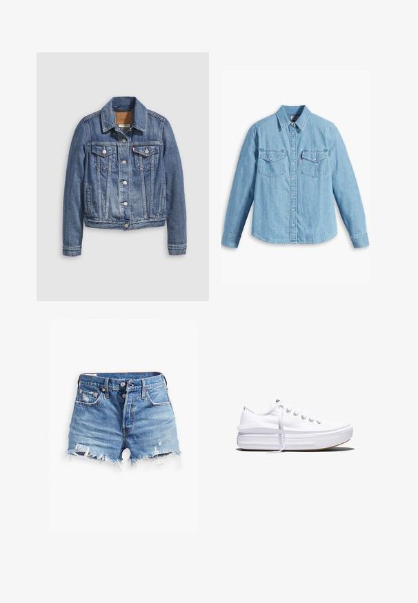 Jeansjacke in mittlerem Blau mit klassischem Kragen, Knopfleiste, zwei Brusttaschen und goldfarbenen Beschlägen. Mit Used-Effekt.; Helles blaues Denimhemd mit langen Ärmeln, spitzem Kragen, zwei Brusttaschen, Knopfleiste und subtiler Struktur. Keine sichtbaren Muster.; Helles Denim-Shorts in Blau mit fransigen Säumen, hoher Taille, Knopfverschluss und zwei Fronttaschen; distressed Details verleihen Textur.; Weißer Canvas-Sneaker mit niedrigem Schnitt, dicker Plateau-Sohle, vorderer Schnürung und rauer Gummikappe an der Spitze, aus seitlicher Ansicht gezeigt.