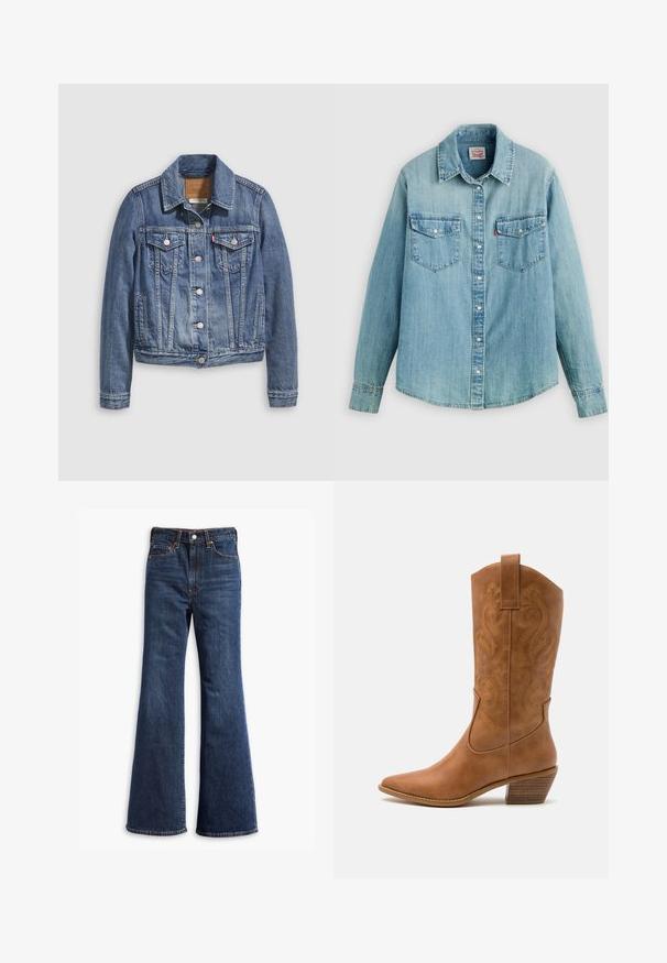 Veste en denim bleu moyen avec un col classique, fermeture à boutons, deux poches poitrine et des accessoires de couleur dorée. Détail de texture usée.; Chemise en denim bleu clair avec un col classique, une fermeture à boutons sur le devant, deux poches poitrine, des poignets boutonnés et un ourlet légèrement arrondi.; Jeans en denim bleu foncé taille haute avec jambes évasées, fermeture à boutons et zip à l'avant, et conception à cinq poches.; Bottes de cow-boy en cuir tan avec un bout pointu, des motifs en spirale brodés sur la tige, et un talon bloc empilé. Équipées d'une languette pour un enfilage facile.