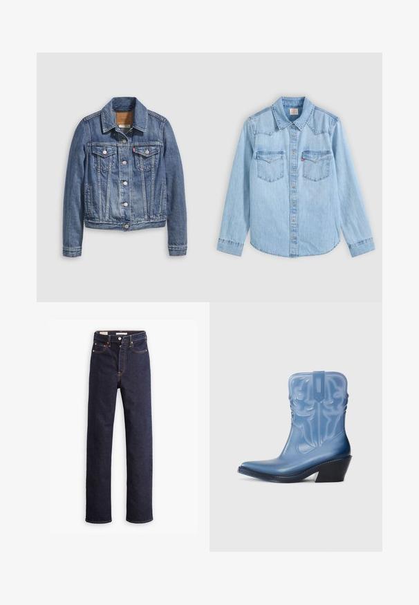 Spijkerjack in mediumblauw met een klassieke kraag, knopen aan de voorkant, twee borstzakken en goudkleurige accenten. Verweerde textuurdetails.; Lichtblauw denim overhemd met lange mouwen, knoopsluiting, twee borstzakken met kleppen en een klassieke puntige kraag op een grijze achtergrond.; Donkerblauwe straight-leg denim jeans met vijf zakken en zichtbare oranje stiksels op een witte achtergrond.; Blauwe rubberen cowboylaars met een spitse neus, decoratieve stiksels en een zwarte wiggenhak. Lange schacht met een gestructureerd patroon.